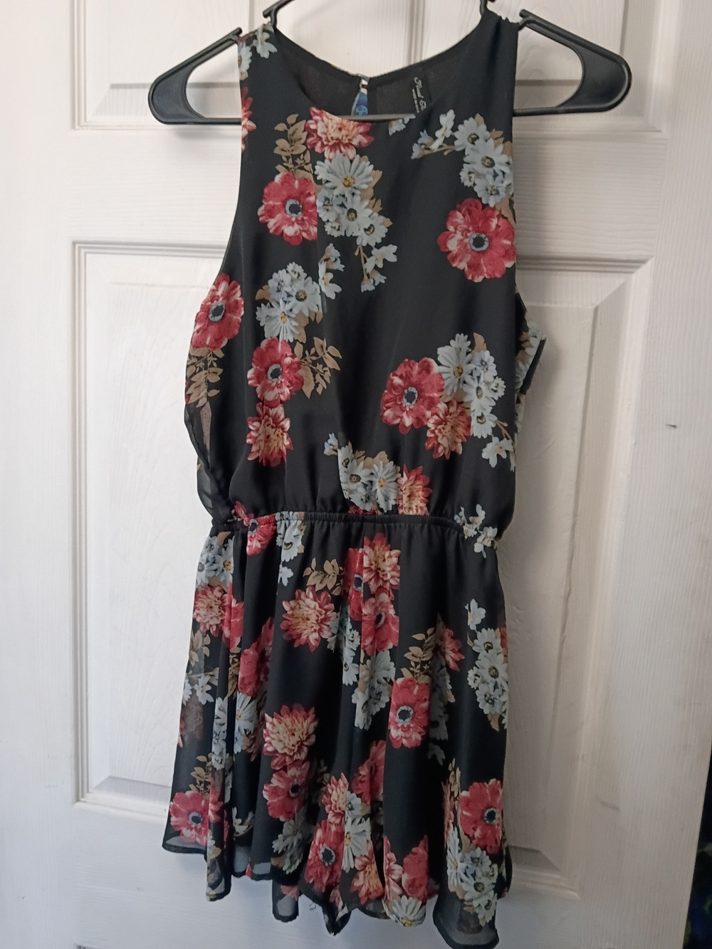 Final Touch Black Mini Dress Romper with Red & Light Blue Floral Print Keyhole